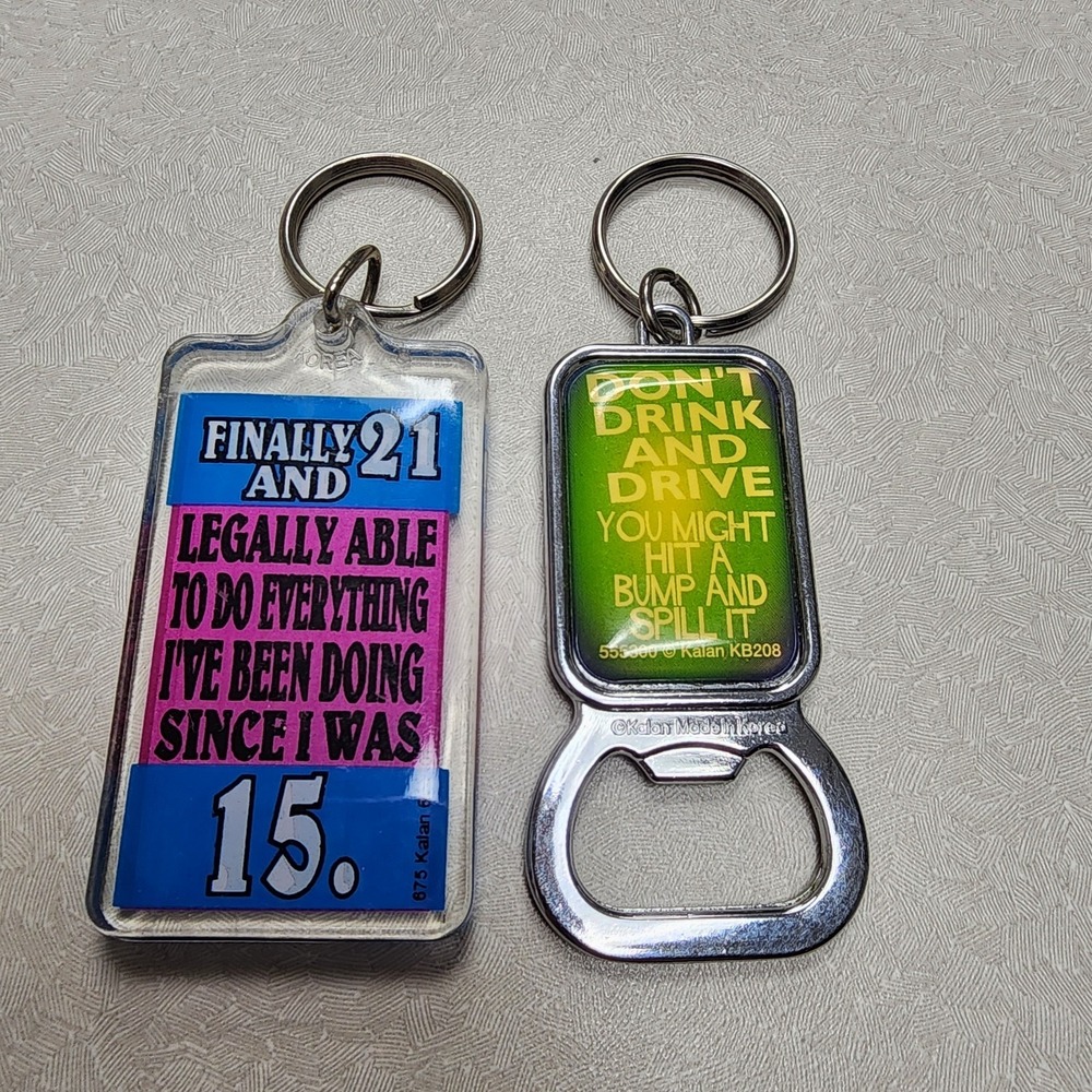 Vintage Keychain Lot Of 2 Novelty Spencer's Keychains 90's 21 Legal Bottle Opene